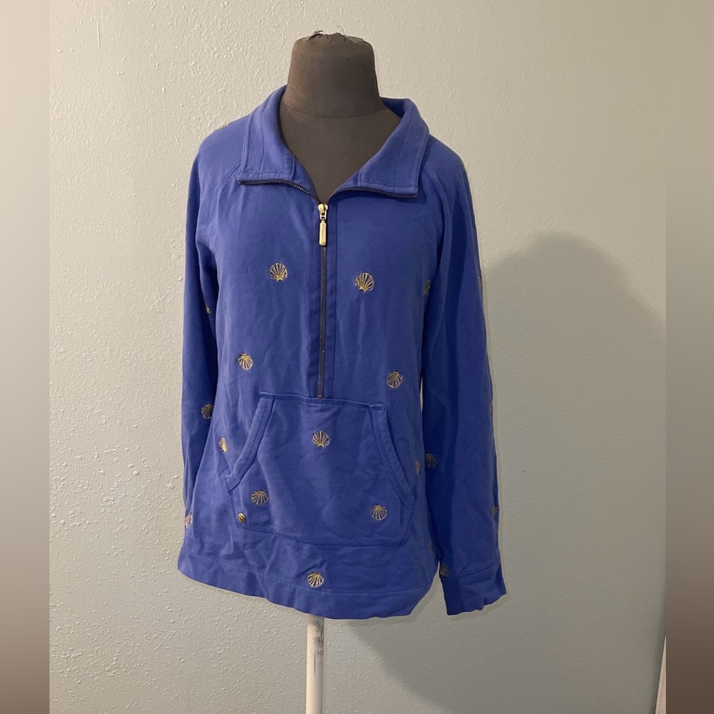 Lilly Pulitzer blue with gold seashells quarter zip pullover size medium